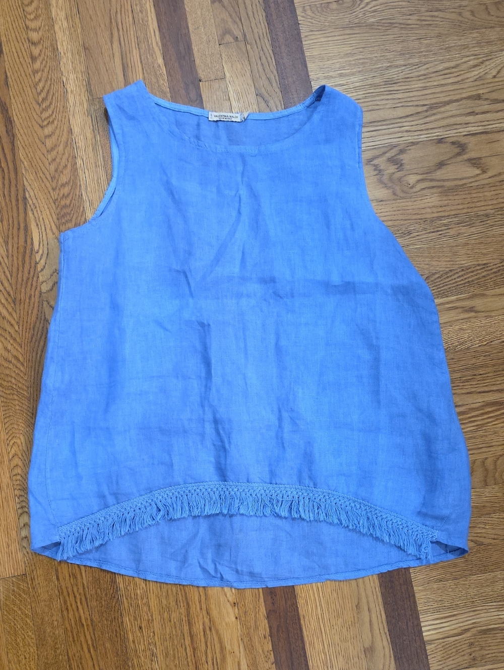 Blue Sleeveless Linen Tank with Fringe Hem - Women's Summer Top Size L